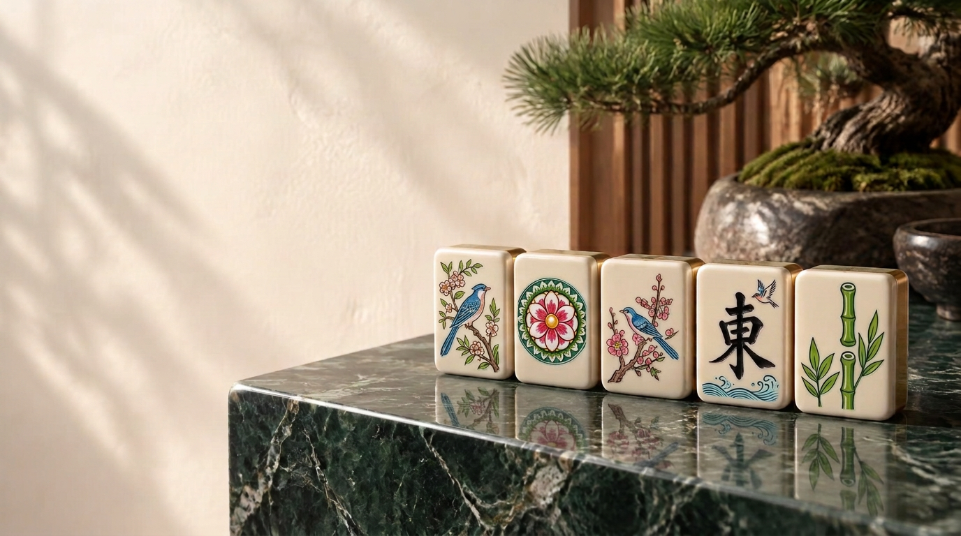 Ivory mahjong tiles on an evergreen marble table beside a bonsai